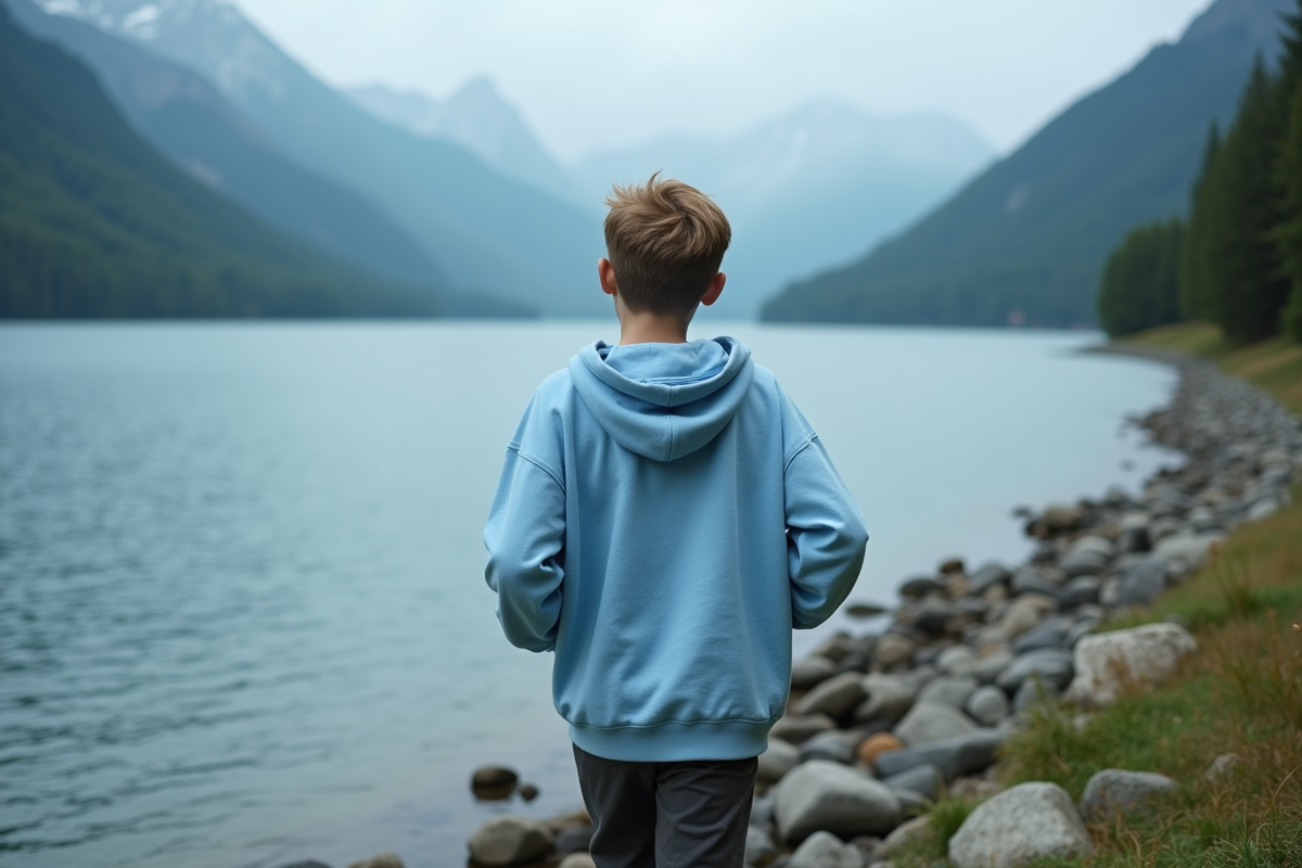 Adolescent en hoodie bleu au bord d’un lac tranquille