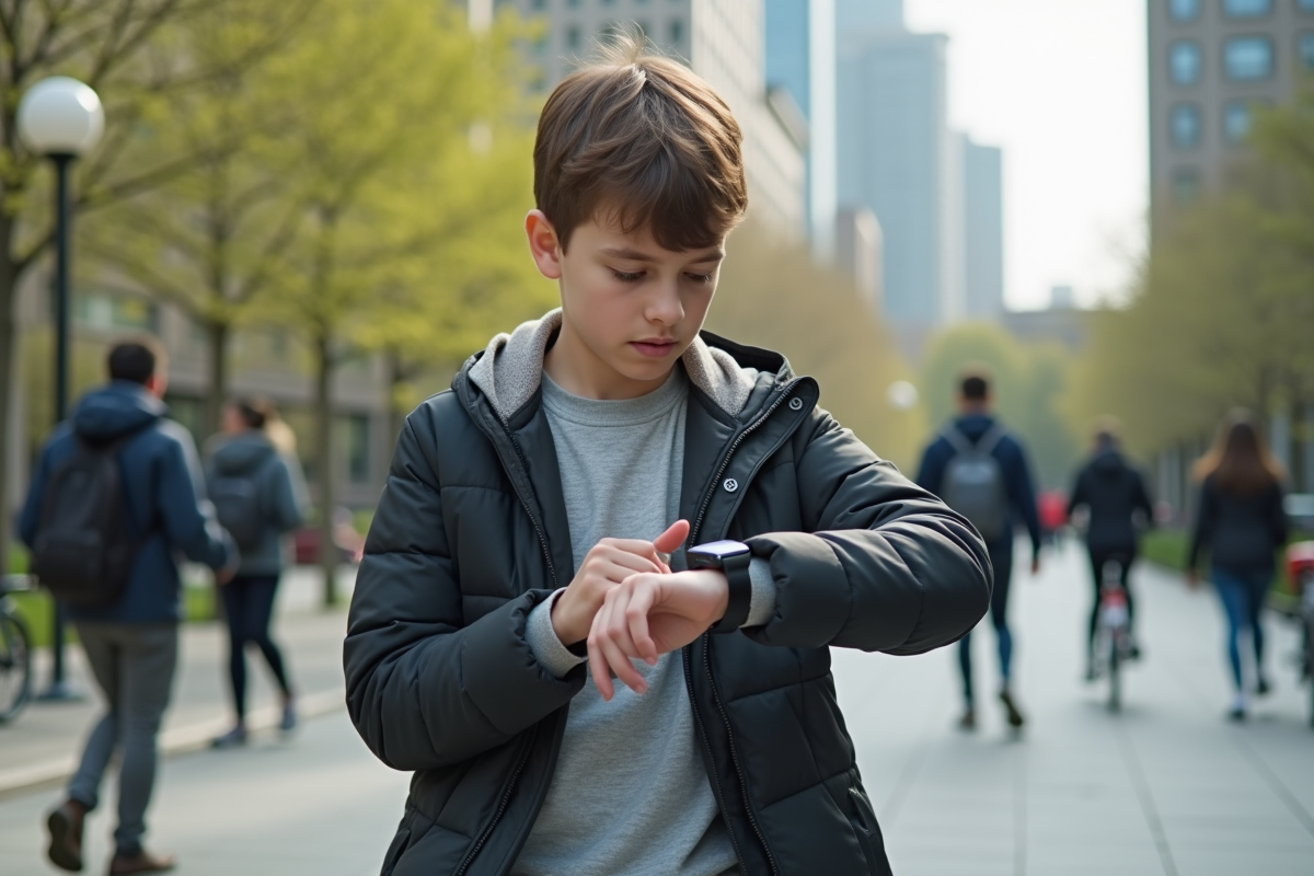 Adolescent avec montre connectée dans un parc urbain