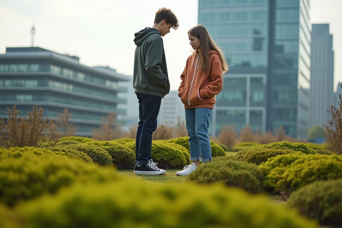 Deux adolescents sur un toit vert avec végétation urbaine