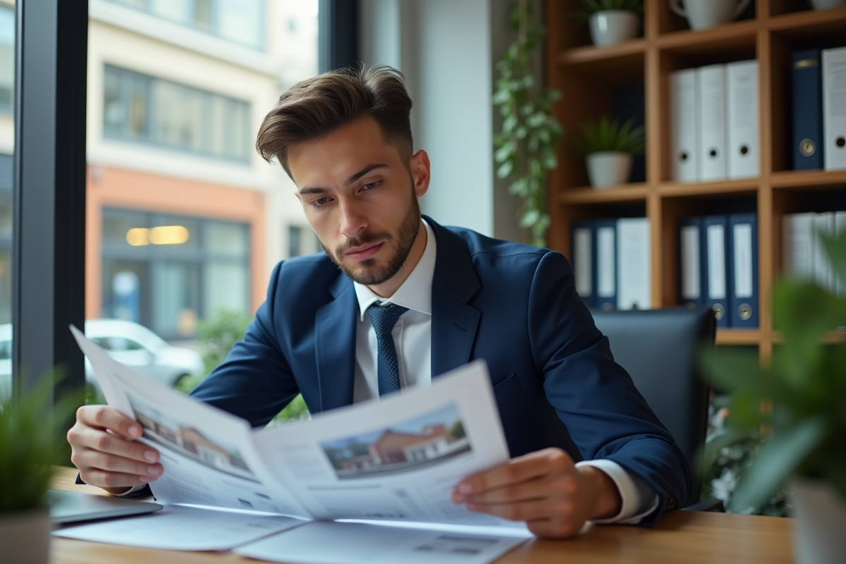 Jeune agent immobilier examinant des annonces dans un bureau ordinaire