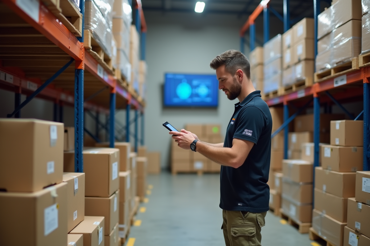 Agent logistique scannant un QR code dans un entrepôt moderne