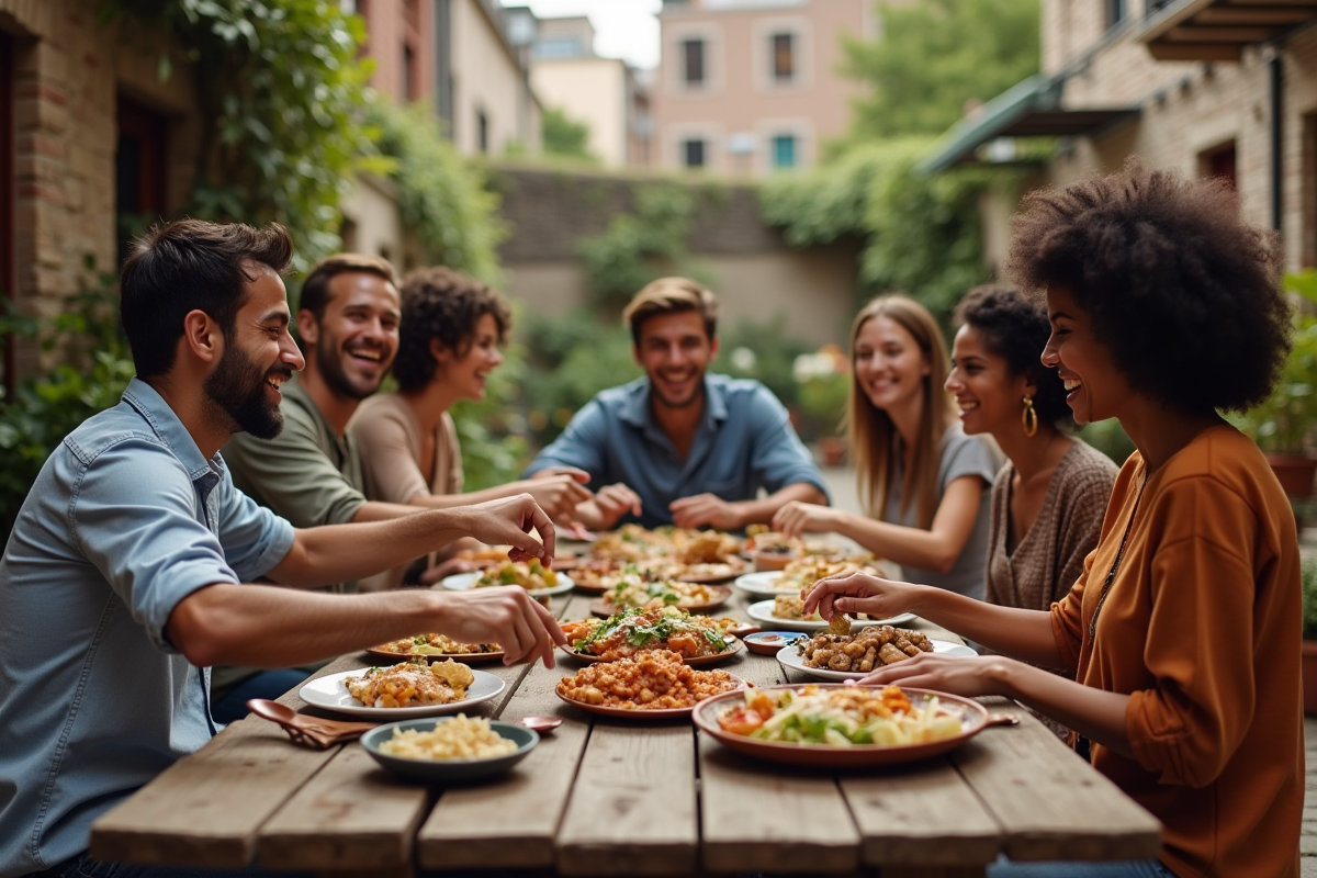 Groupe d amis partageant un repas en extérieur