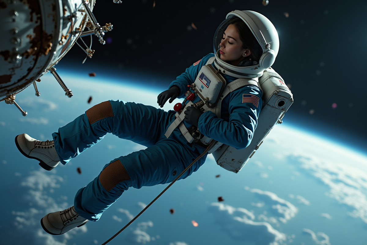 Femme astronaute dérivant près d’un satellite endommagé