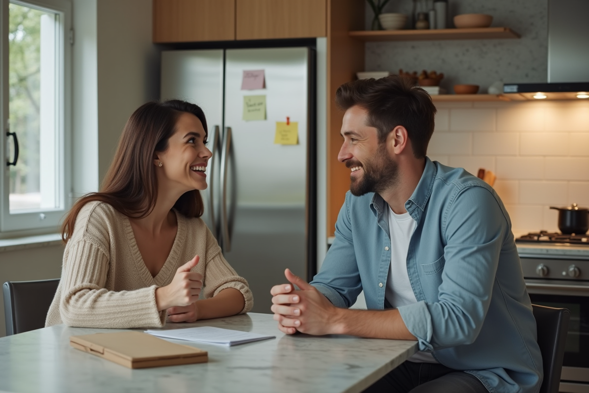 Jeune femme et homme discutant dans une cuisine moderne