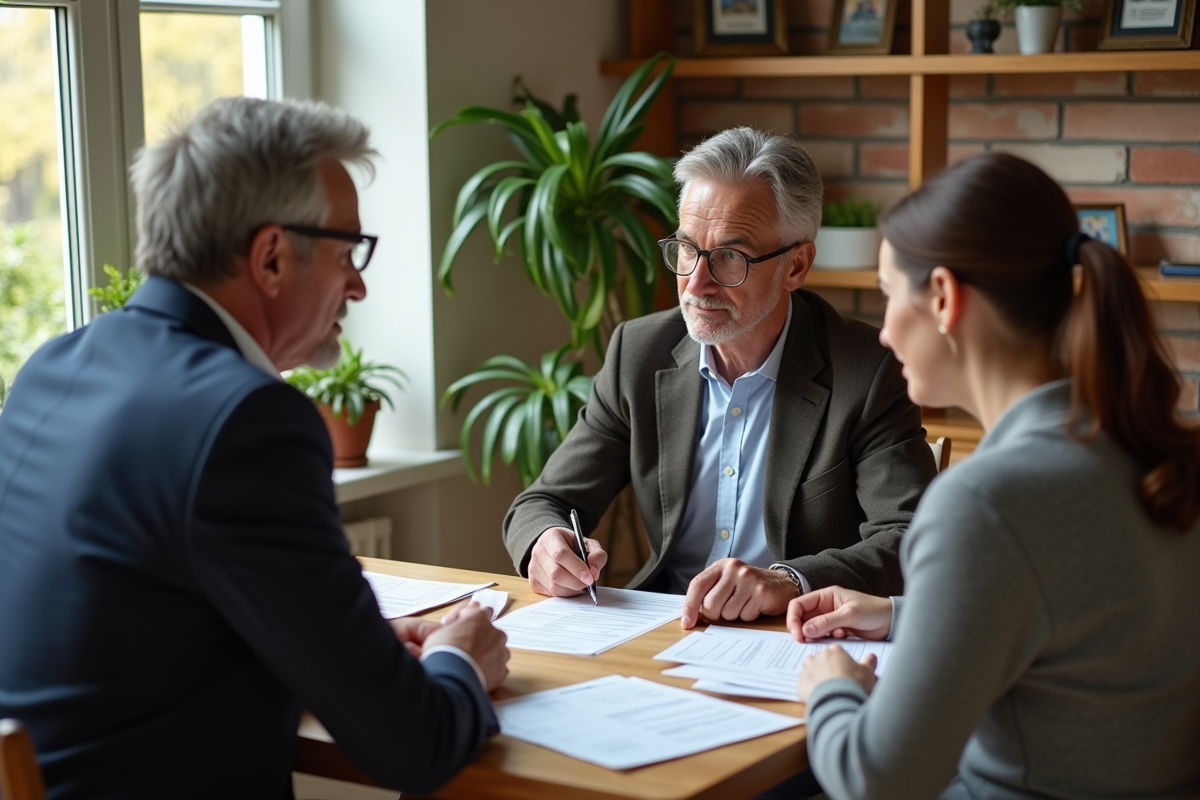 Couple discutant avec un banquier dans leur maison chaleureuse