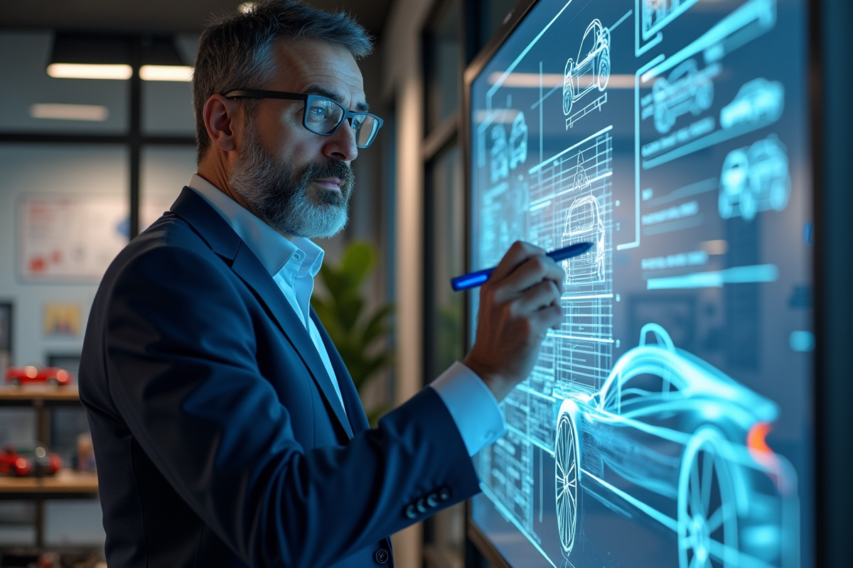 Designer automobile esquissant des plans dans un bureau moderne