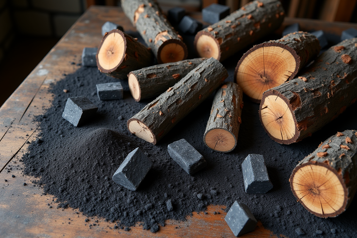 Détails de morceaux de bois et charbon sur une table