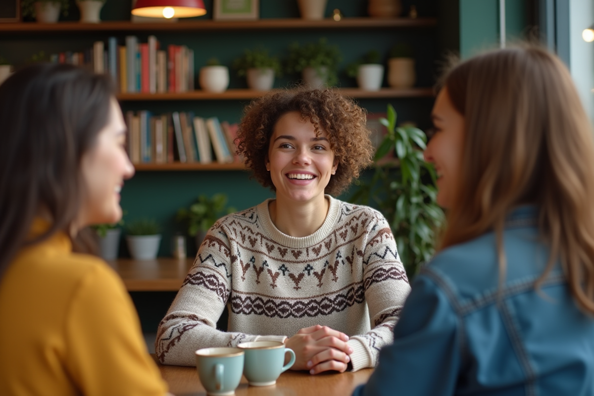 Groupe en discussion dans un café convivial et chaleureux