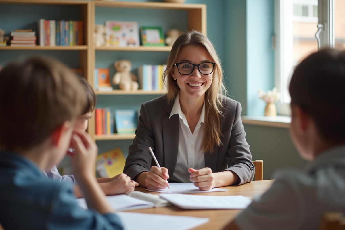 Jeune enseignante avec enfants dans une classe lumineuse