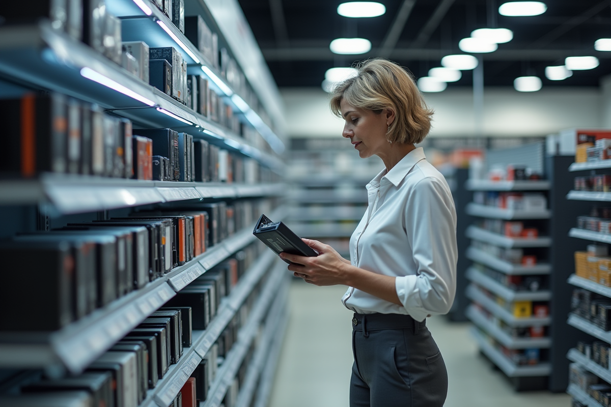 Femme regardant des disques de stockage en magasin
