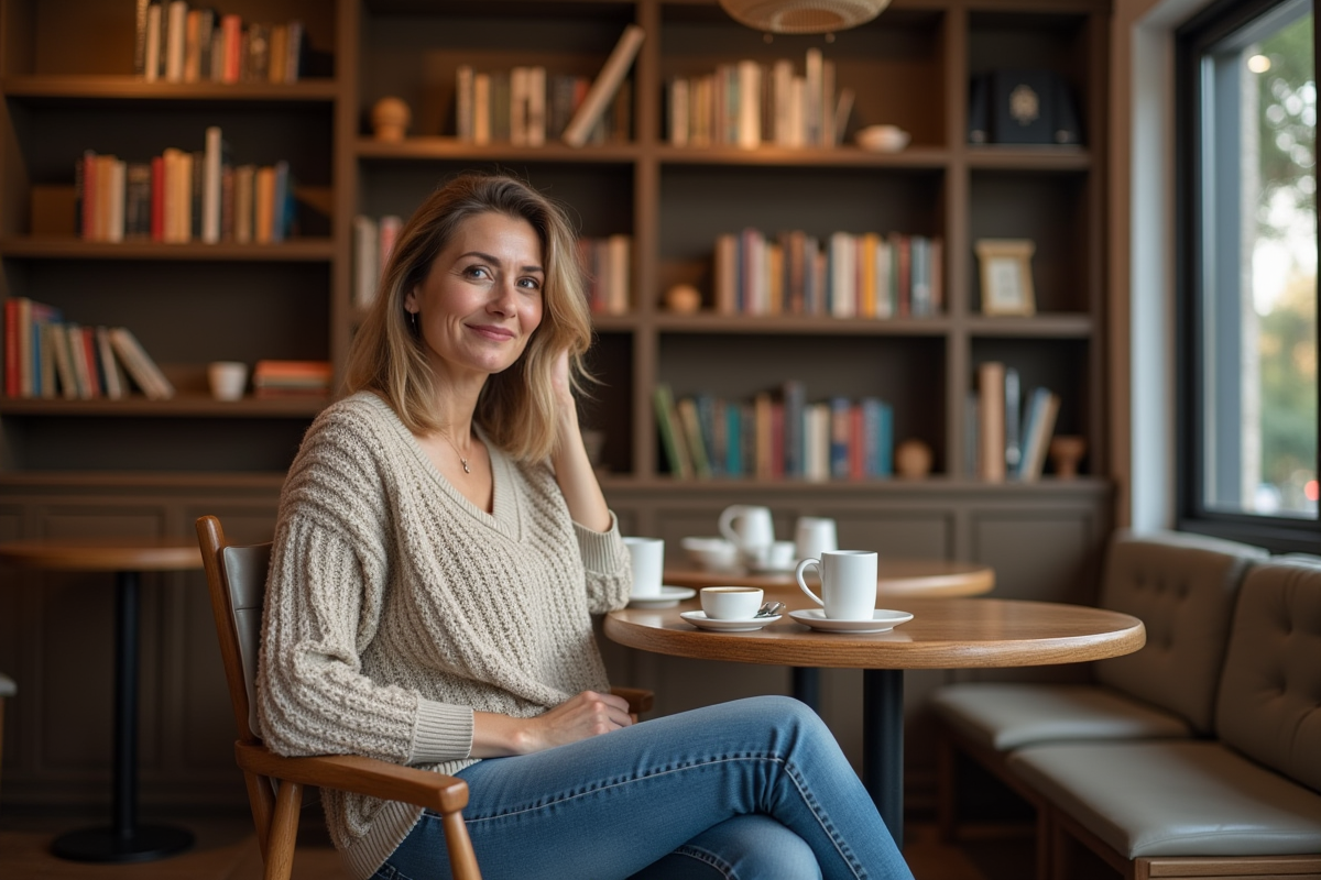 Femme assise au café en pleine conversation