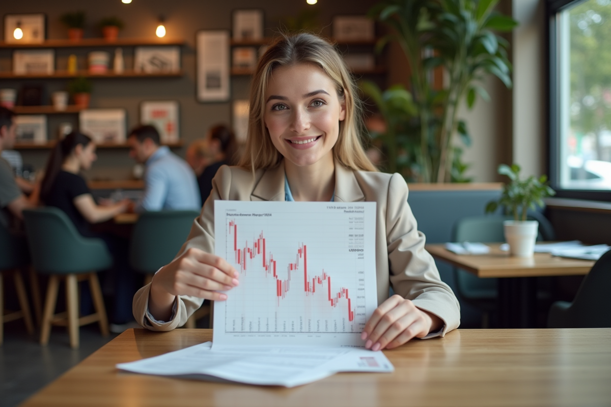Jeune femme tenant un graphique avec tendance baissière au café