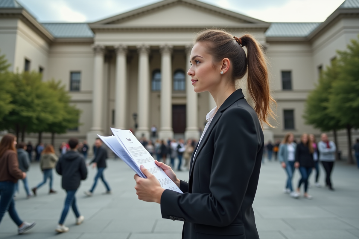 Jeune femme en extérieur devant une banque centrale