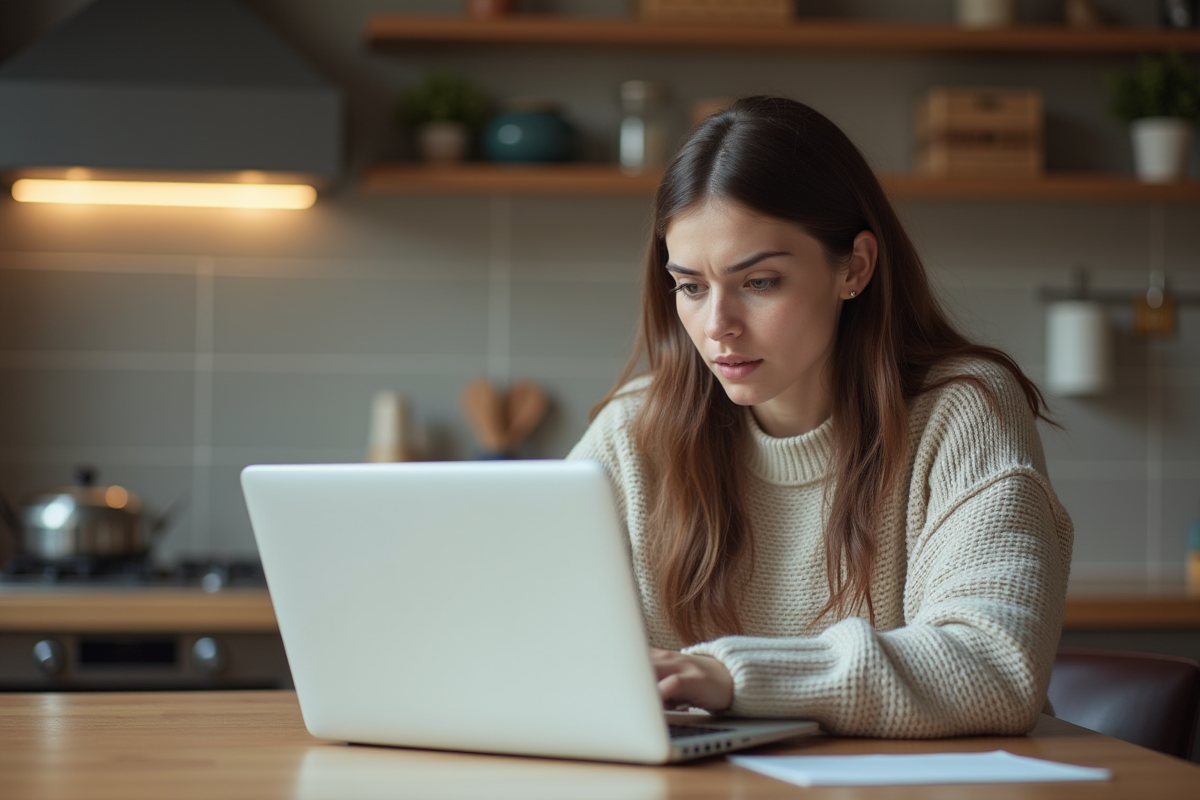 Jeune femme analysant documents de financement auto à la maison