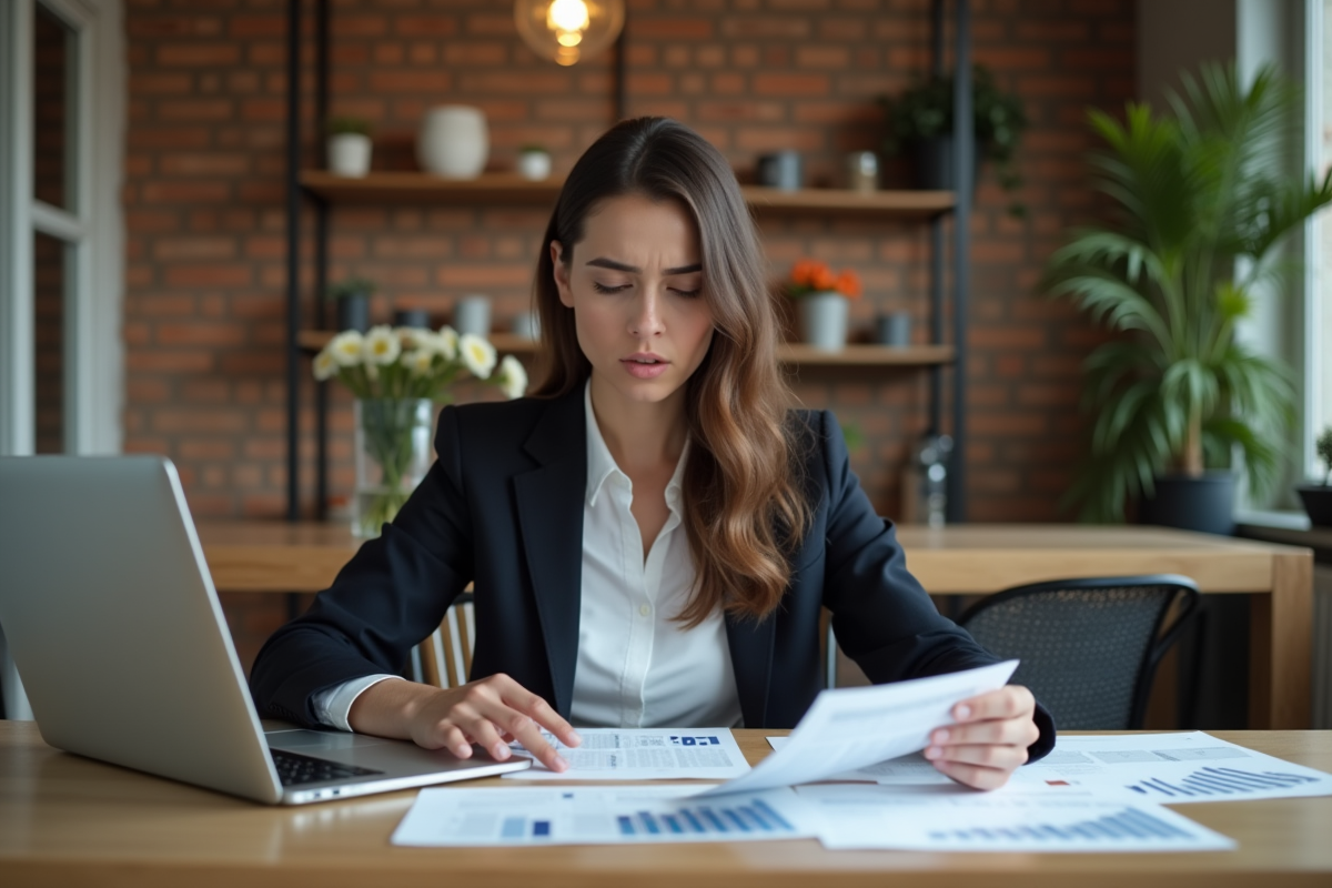 Jeune femme d affaires examine des annonces immobilières