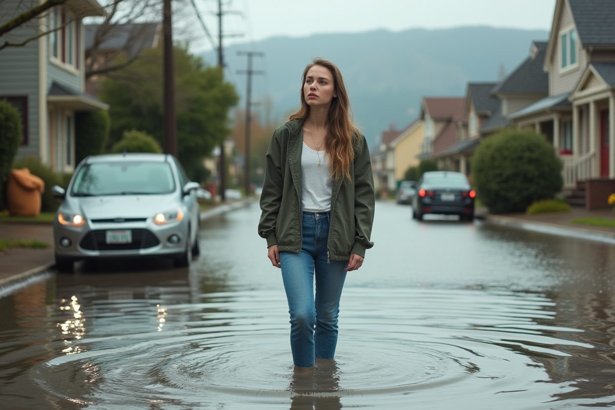 Jeune femme dans une rue inondée regarde au loin