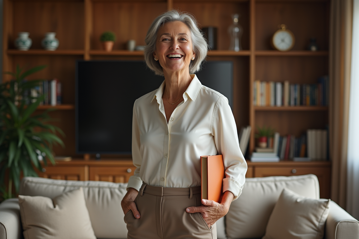 Femme debout dans un salon chaleureux avec livre
