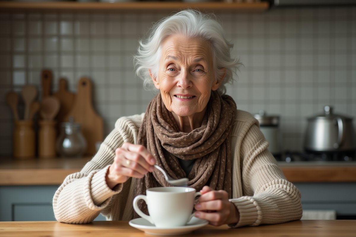 Femme âgée remuant une tasse de thé dans la cuisine