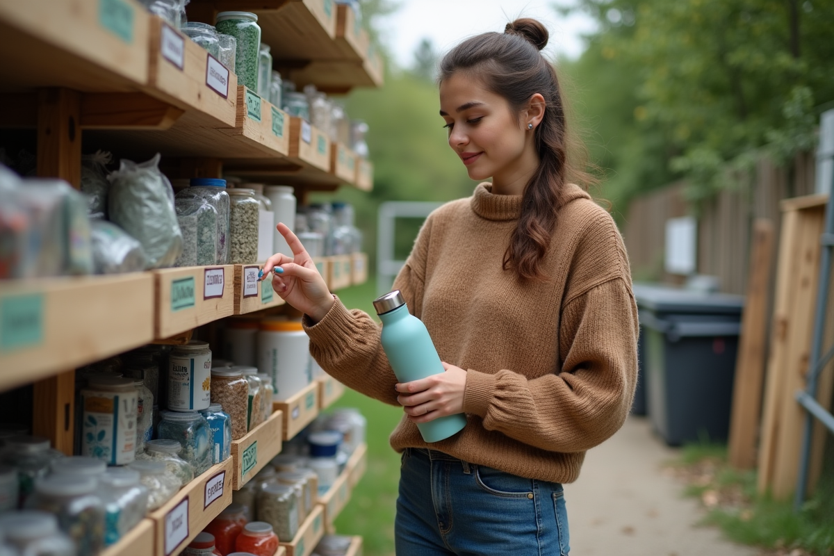 Jeune femme vérifiant des matériaux recyclés en extérieur