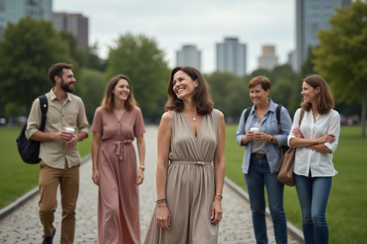 Femme riant avec des amis dans un parc urbain