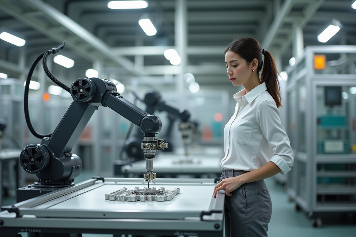 Jeune femme observant un bras robotique en usine