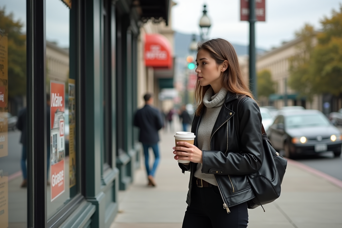 Femme dans la rue de San Francisco regardant une vitrine immobiliere