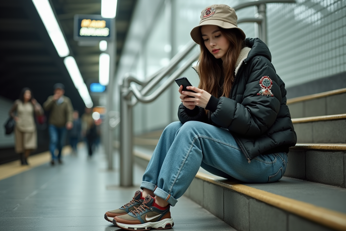 Jeune femme assise dans le métro en streetwear avec téléphone