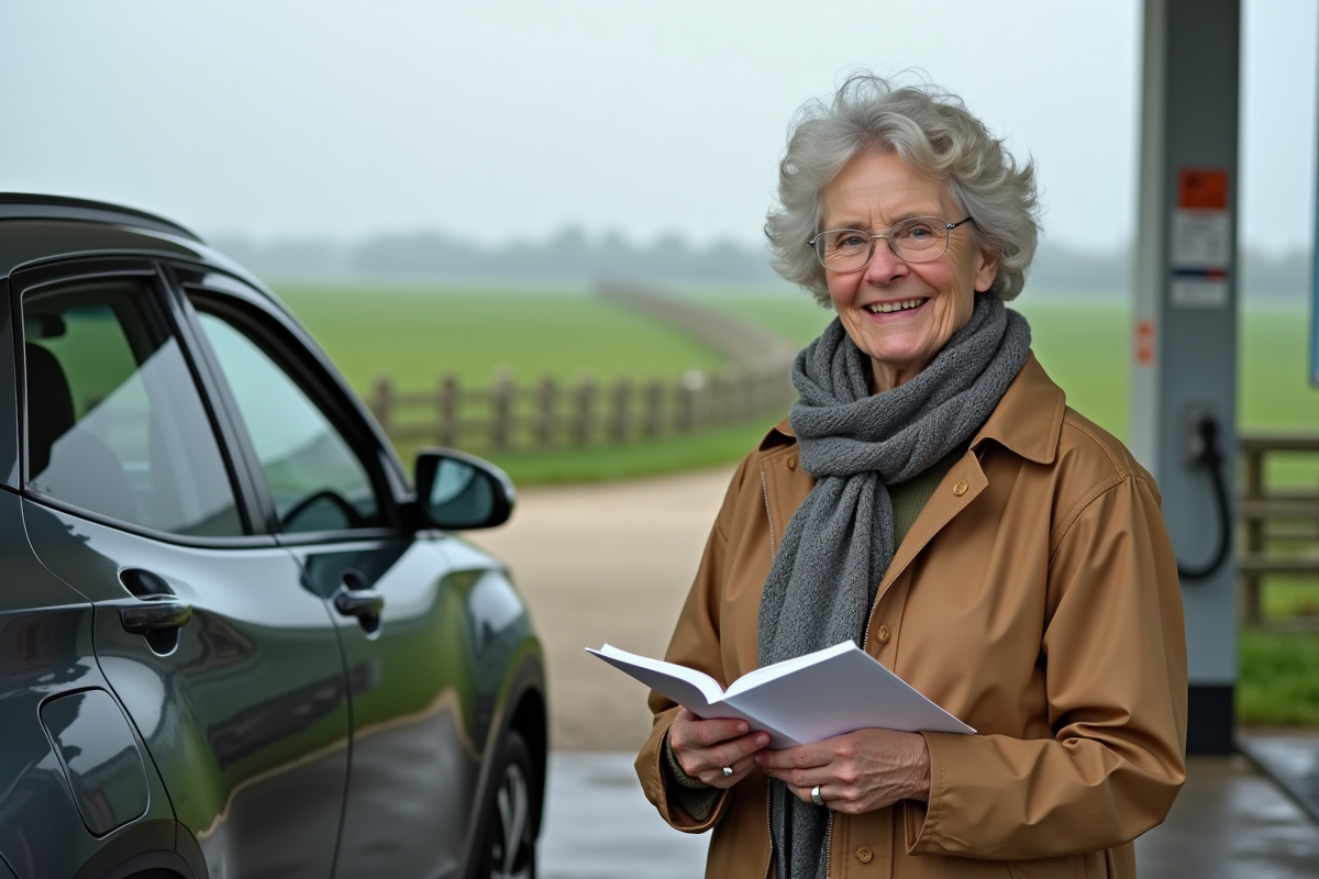 Femme senior souriante à côté de sa voiture hybride à la campagne