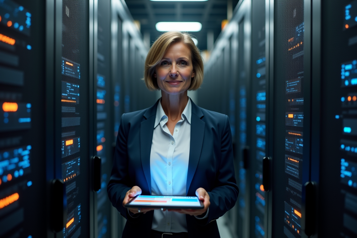 Femme en blazer dans une salle serveurs avec tablette cybersécurité