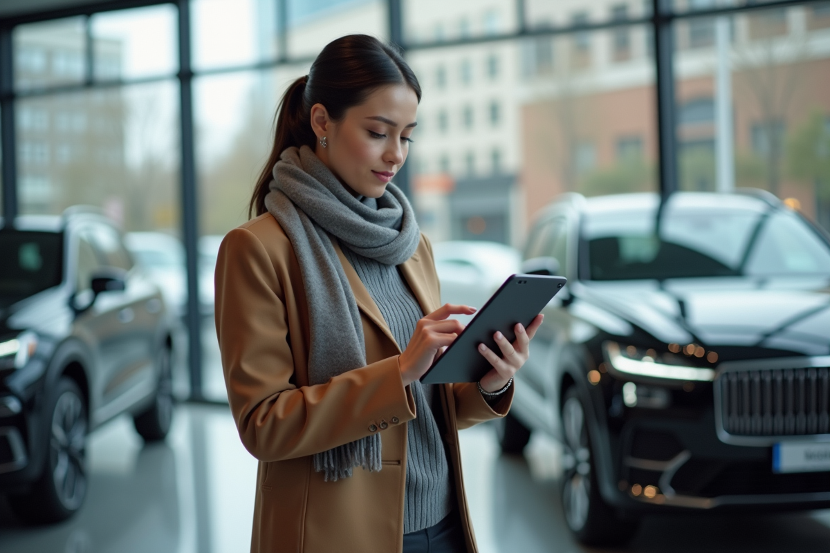 Jeune femme dans un showroom automobile utilisant une tablette