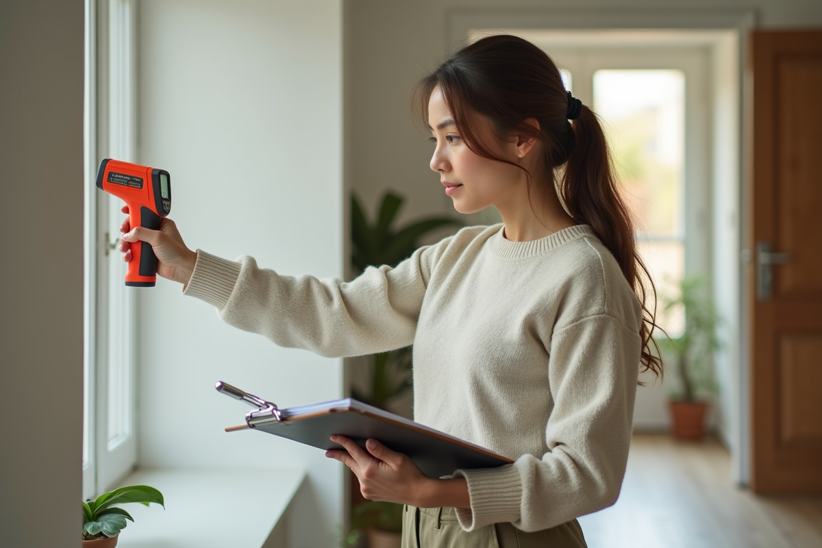 Jeune femme utilisant un thermomètre sur un mur en béton peint
