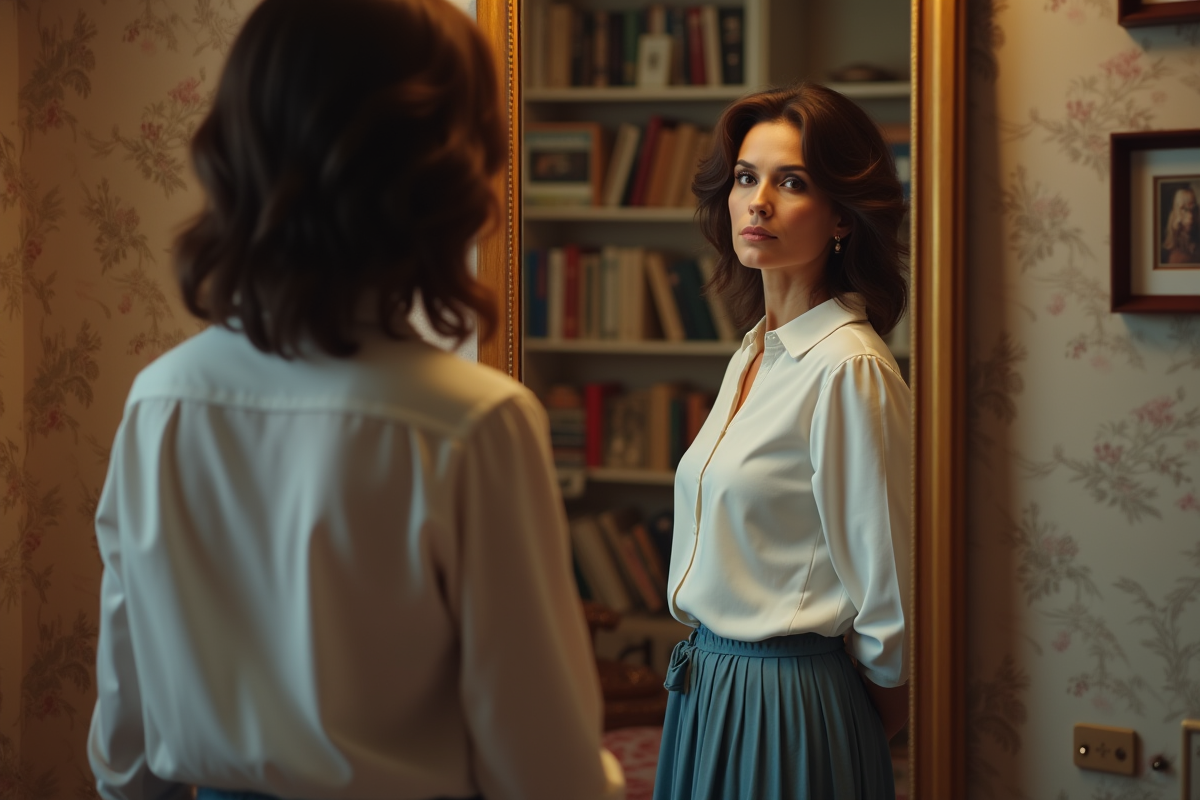 Femme transgenre regardant son reflet dans un miroir