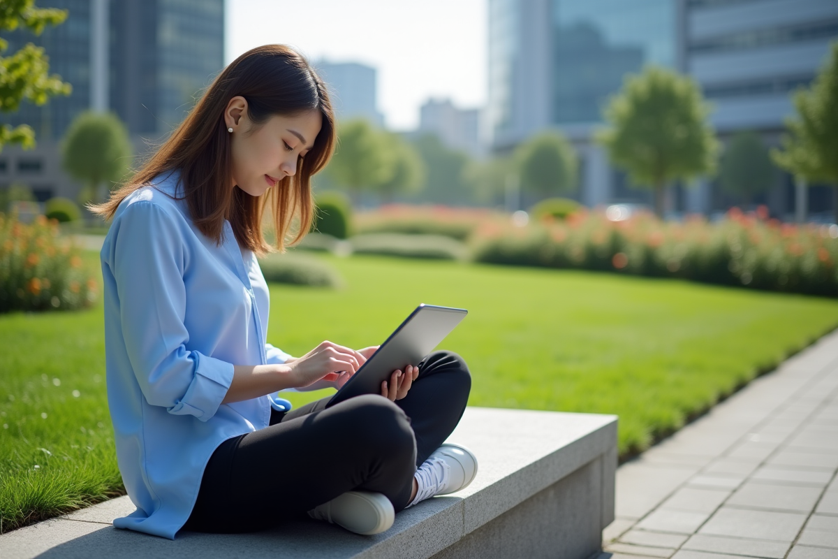 Femme en extérieur utilisant une tablette dans un parc