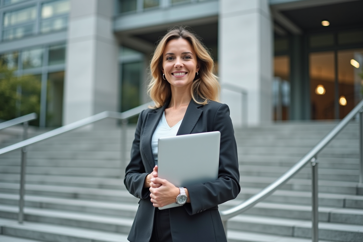 Jeune femme souriante en extérieur avec un ordinateur portable