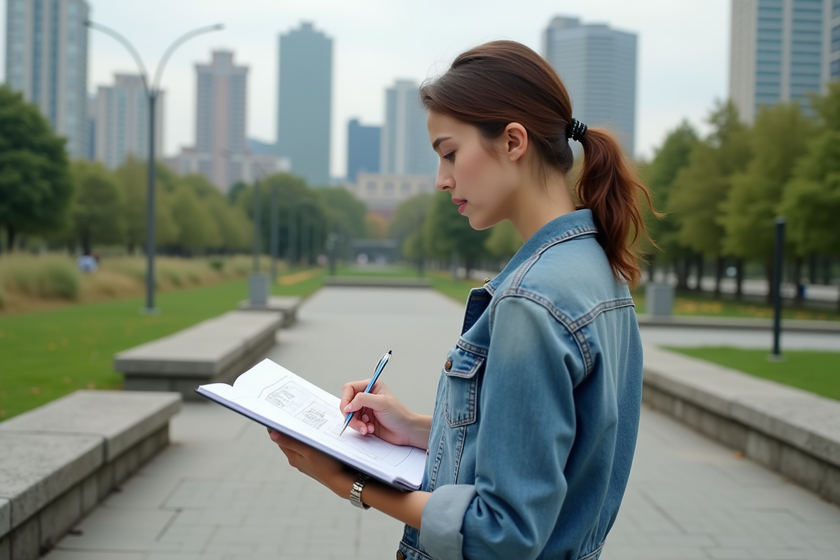 Jeune femme prenant des notes dans un parc urbain