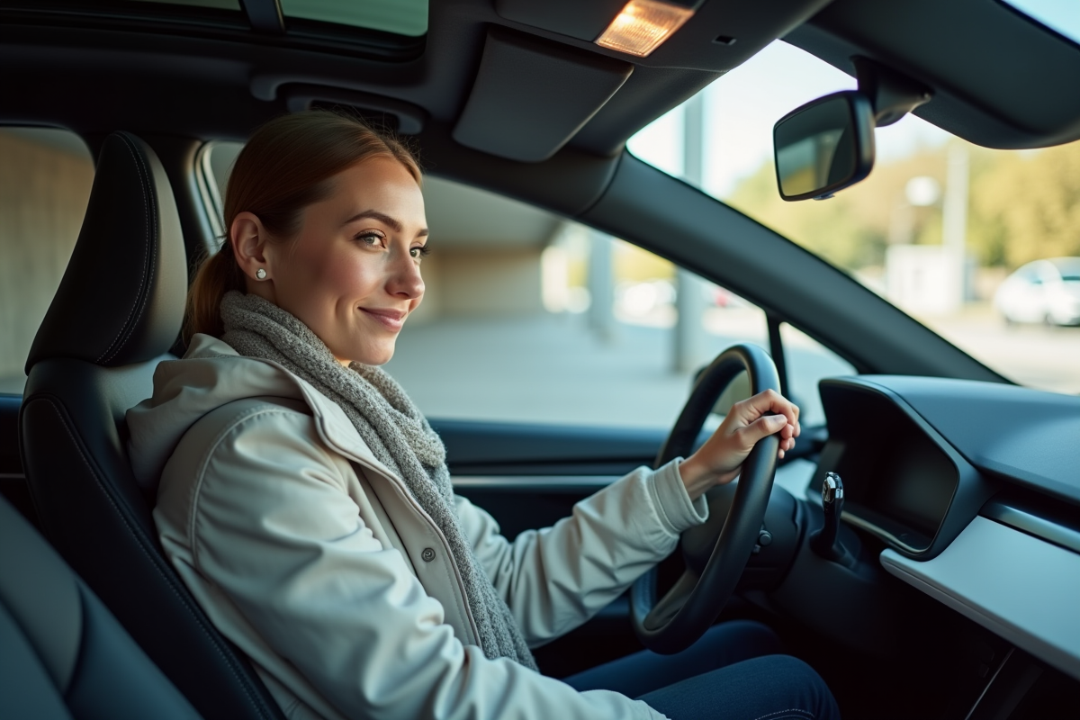 Jeune femme dans une voiture électrique dans un parking