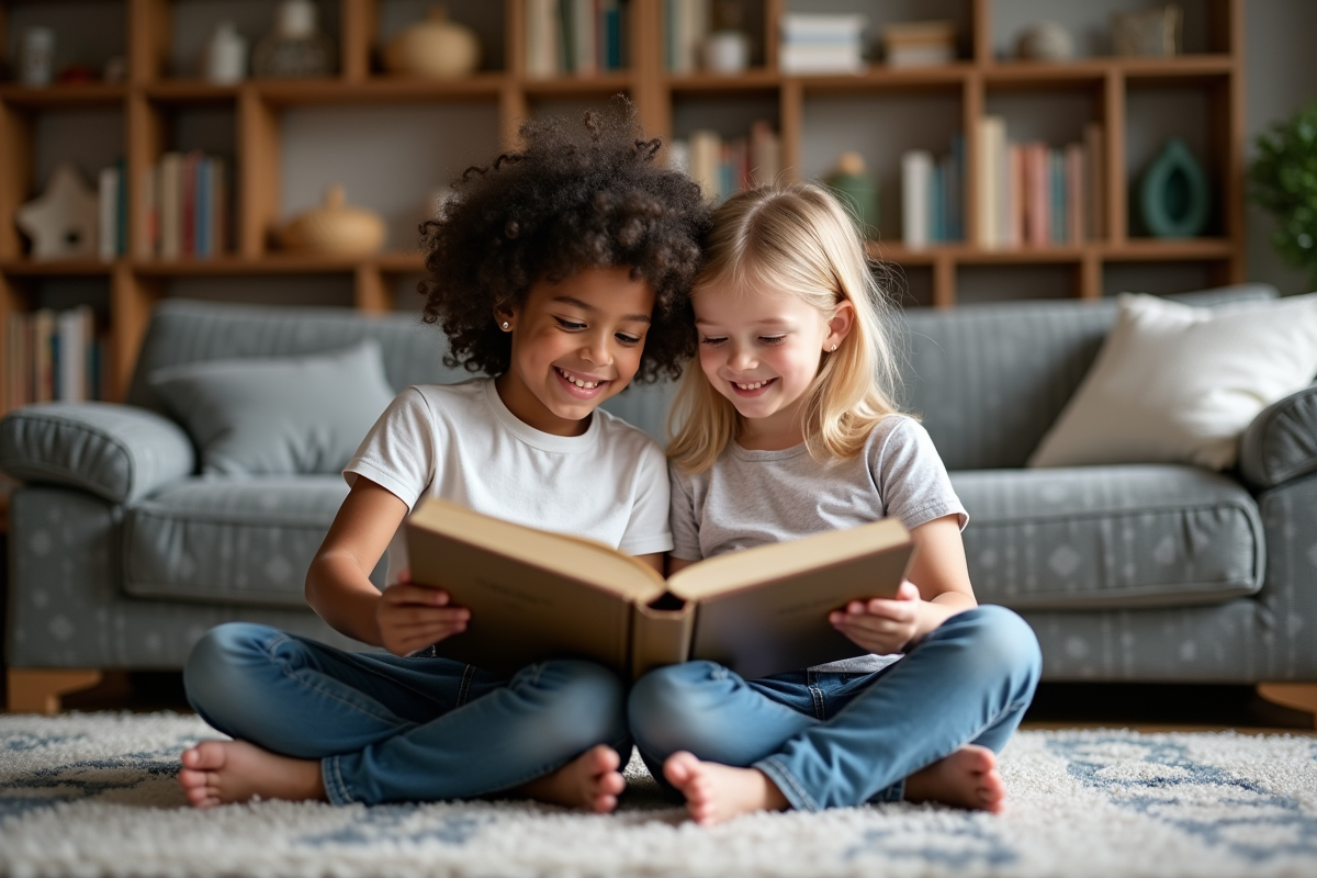 Deux jeunes frères lisant un livre ensemble dans le salon