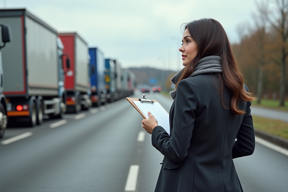 Jeune femme gestionnaire observant les camions sur l