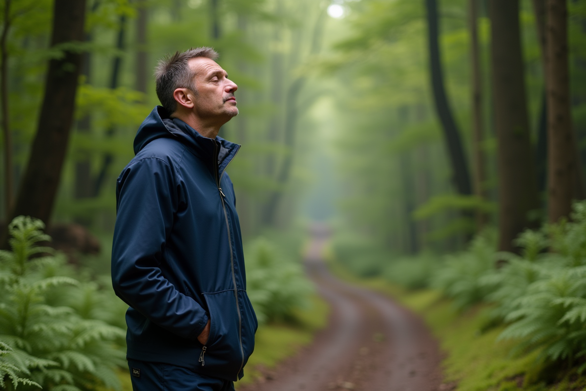 Homme en marche dans la forêt en pleine nature