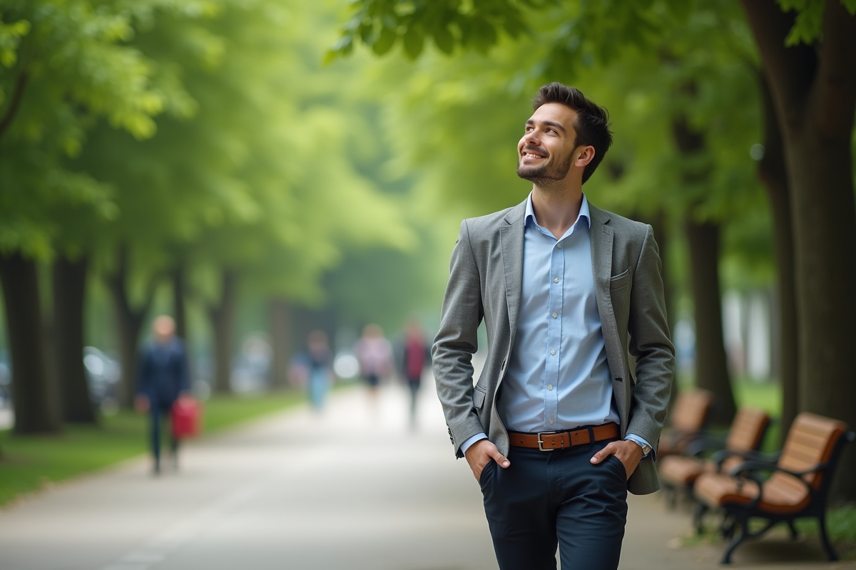 Jeune homme se promenant dans un parc urbain