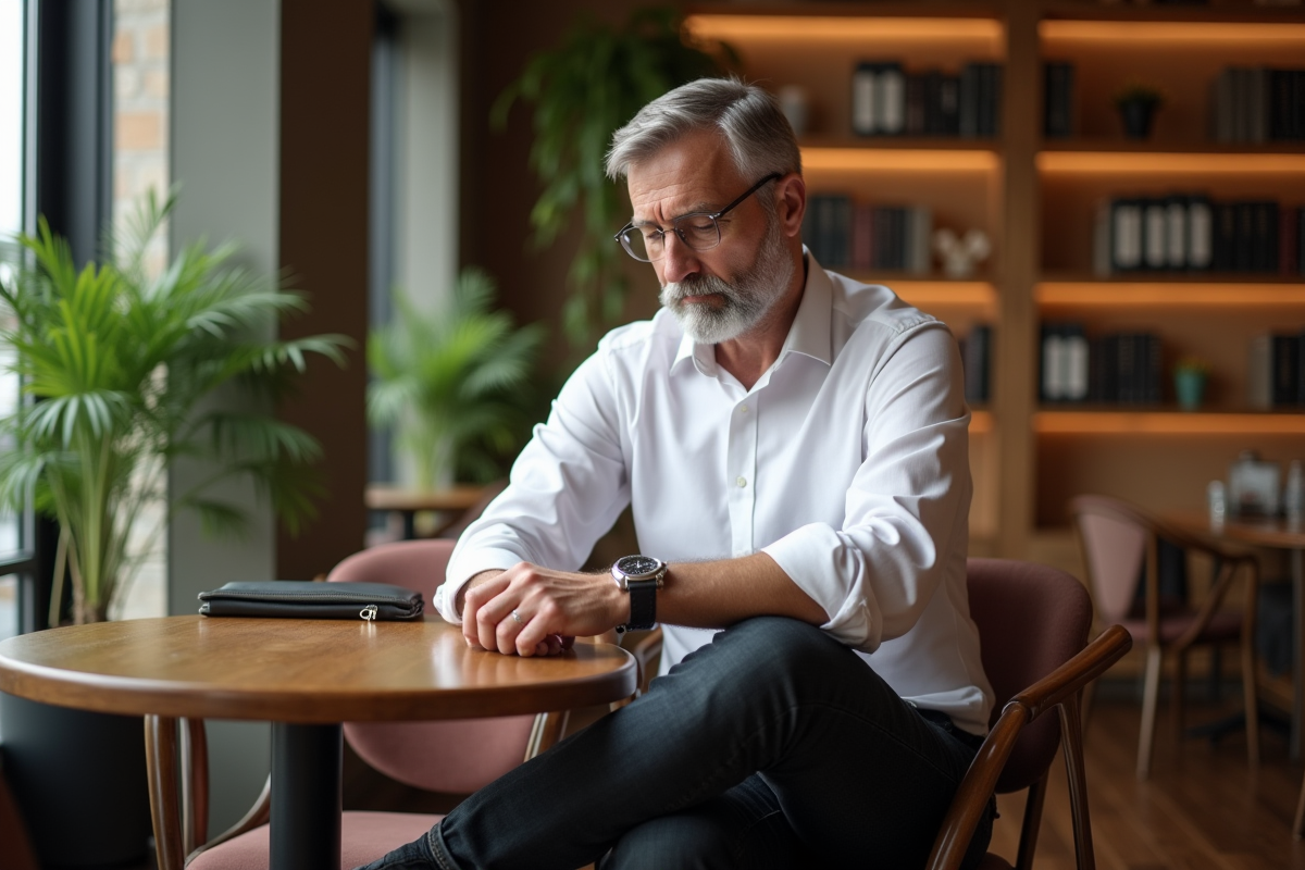 Homme d affaires au café regardant sa montre en intérieur