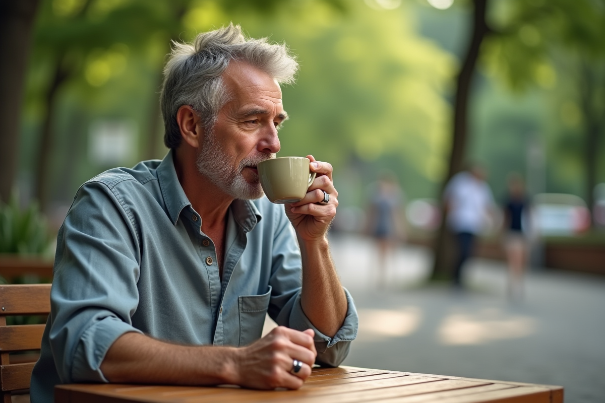 Homme buvant thé dans un café en plein air au parc