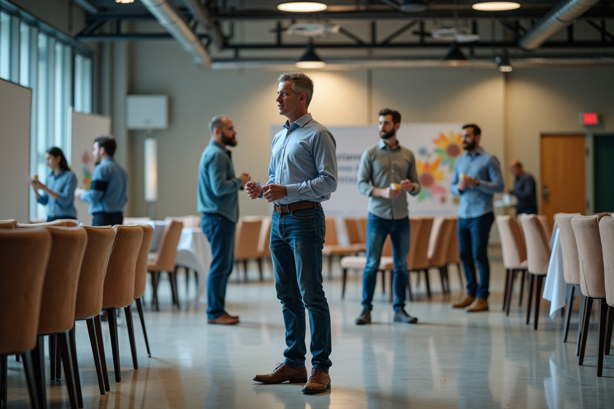 Homme en casual dirigeant une équipe dans une salle d