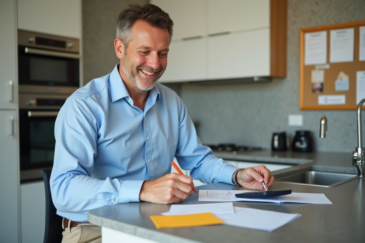 Homme organisant ses dépenses avec enveloppes et calculatrice