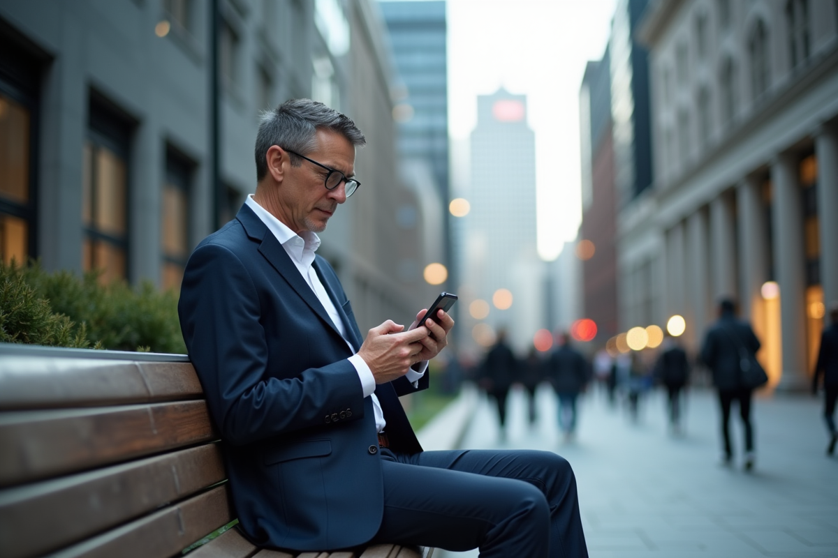 Homme d affaires vérifiant données financières sur smartphone en ville