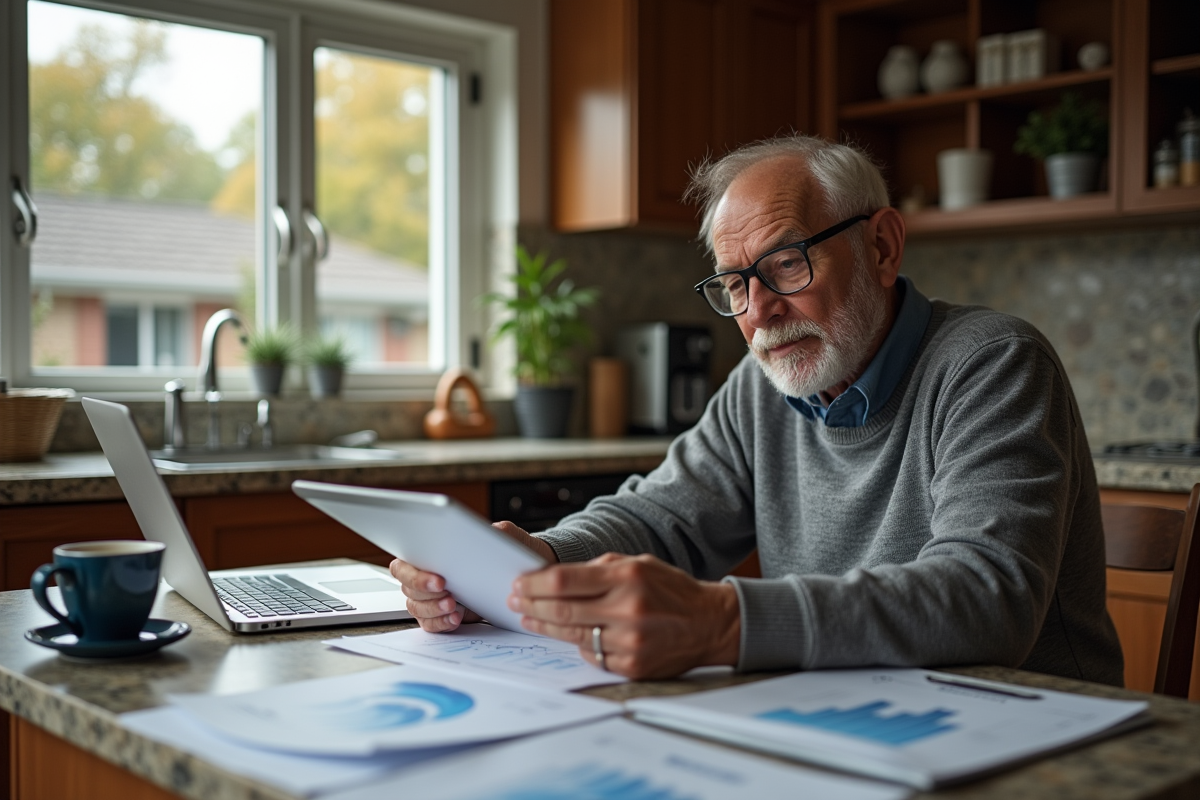 Homme âgé analysant des graphiques dans sa cuisine