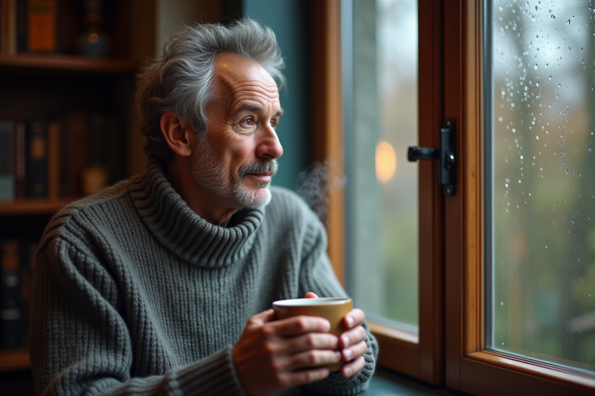 Homme regardant par la fenêtre pluvieuse dans un intérieur chaleureux