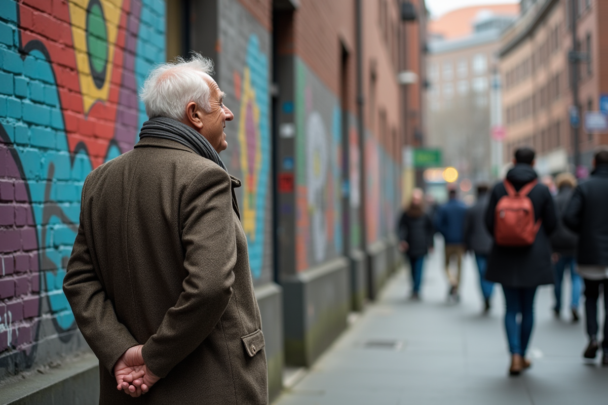 Homme âgé observant une fresque murale en ville