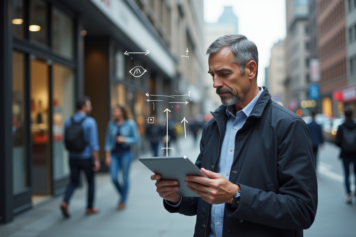 Homme avec tablette et flèches AR dans la ville