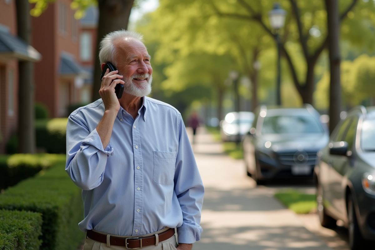 Homme âgé parlant au téléphone dans une rue résidentielle